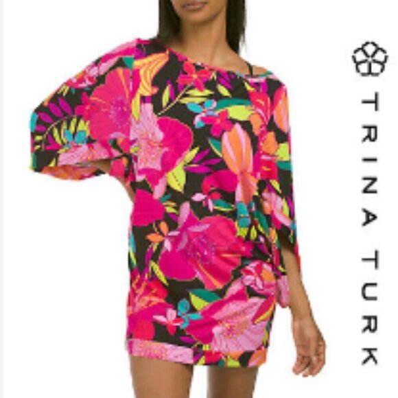 Trina Turk Luminary Floral Multicolor Cover-Up Tunic Mini Dress, Medium - Picture 1 of 11